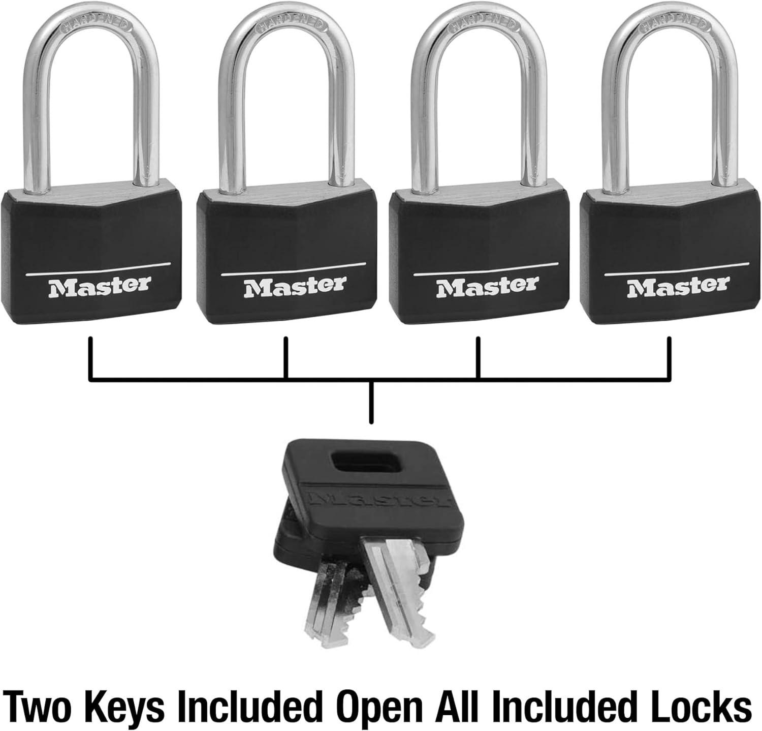 imageMaster Lock Black Covered Aluminum Lock Gym Locker Lock with Key Outdoor Padlock with Long Shackle for Gates Fences Toolboxes and More141DLF4 Pack
