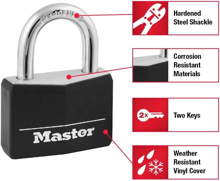imageMaster Lock Black Covered Aluminum Padlock Gym Locker Lock with Key for Indoor or Outdoor Use with Vinyl Weather Resistant Cover 141DPink