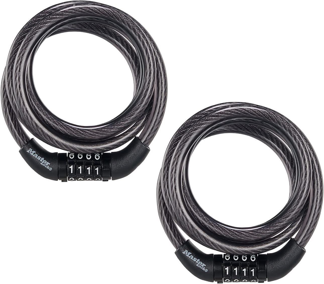 imageMaster Lock Black Set Your Own Combination Bike Lock Metal Cable Lock has a Weather Resistant Vinyl Coating for Outdoor Durability 5 Feet Long 8370D4 Ft Preset Combo