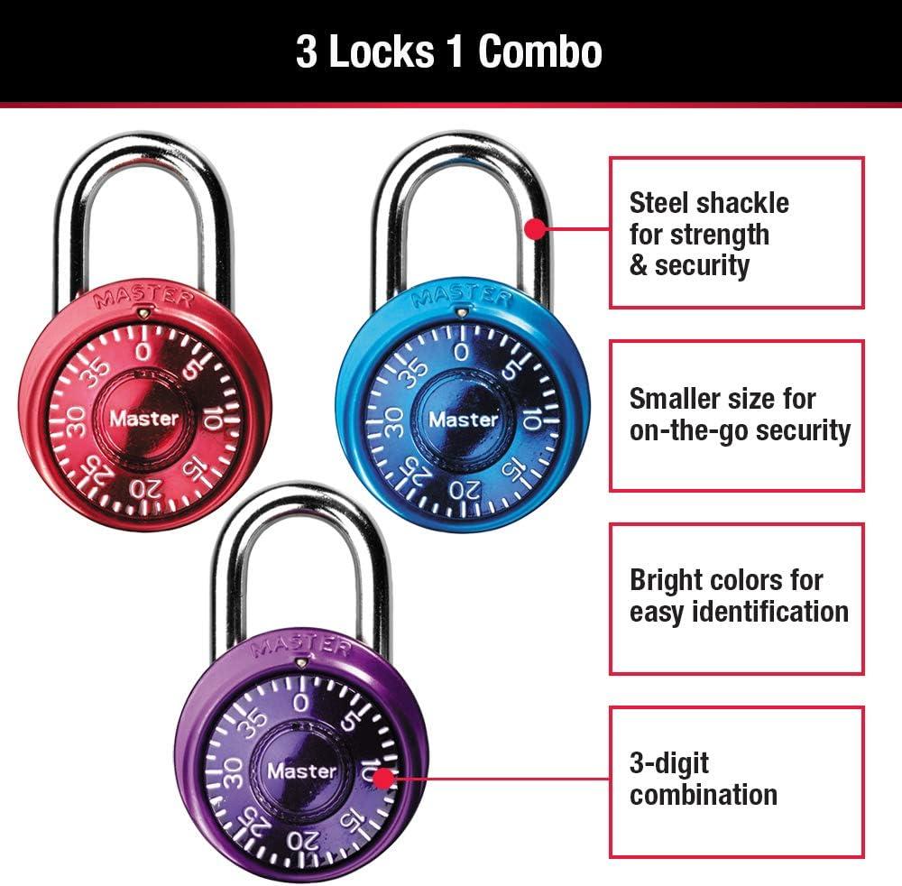 imageMaster Lock Padlock Mini Dial Combination Lock for Gym or School Lockers Small Lock is 1916 Inches Wide Color Assortment Pack Pack of 3 1533TRI3 count Pack of 1