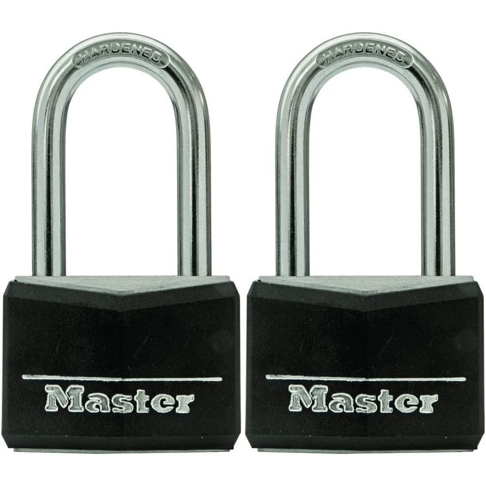 imageMaster Lock Black Covered Aluminum Lock Gym Locker Lock with Key Outdoor Padlock with Long Shackle for Gates Fences Toolboxes and More141DLF2 Pack