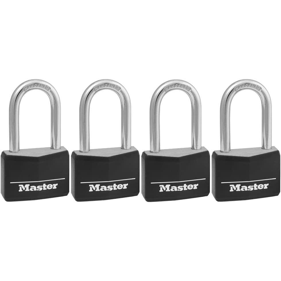 imageMaster Lock Black Covered Aluminum Lock Gym Locker Lock with Key Outdoor Padlock with Long Shackle for Gates Fences Toolboxes and More141DLF4 Pack