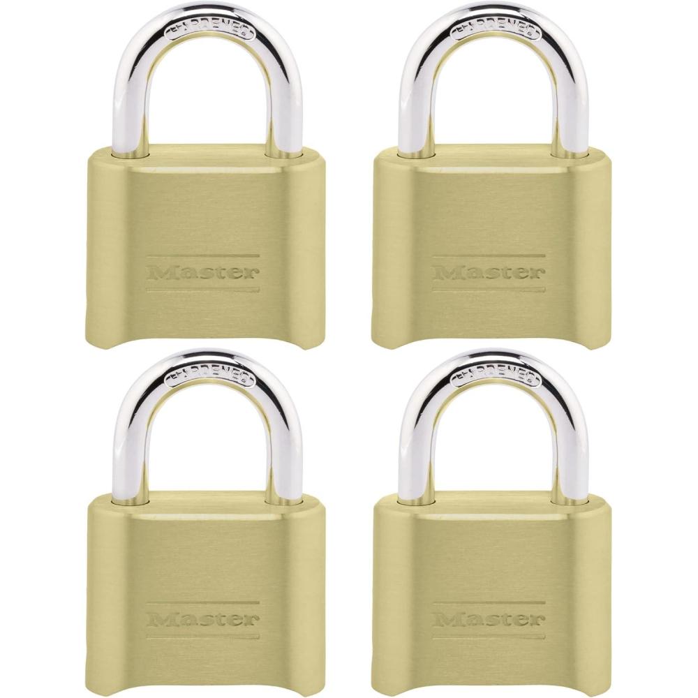 imageMaster Lock Brass Combination Padlock for Indoor and Outdoor use with Resettable Combination for Gym Locker Gate Fence or Shed Lock 175D4 Pack