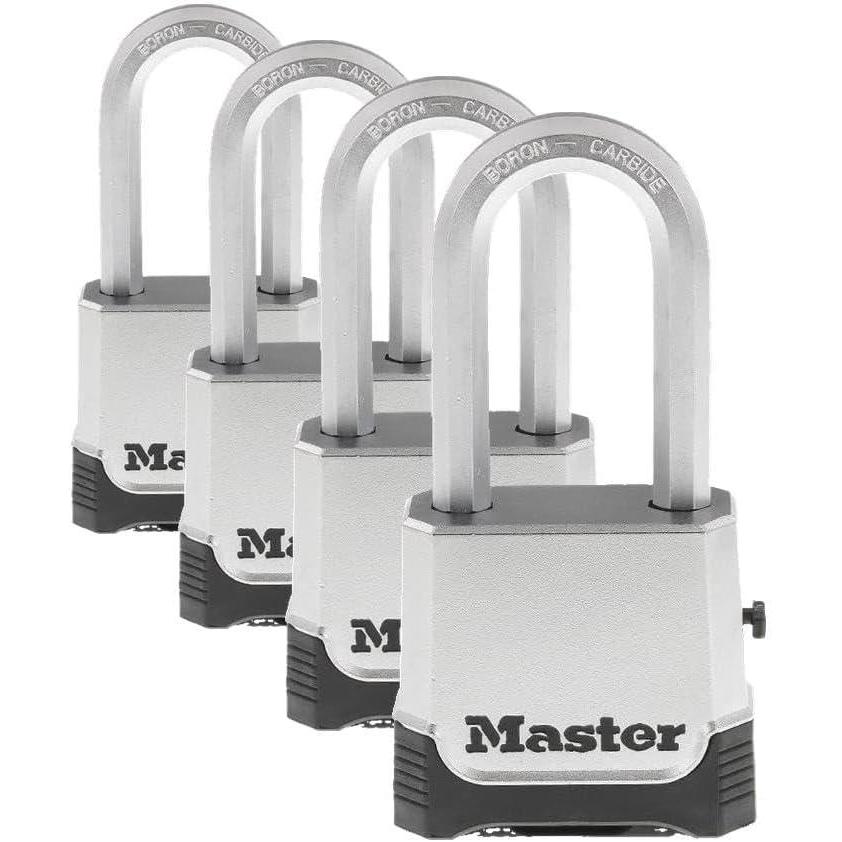 imageMaster Lock Silver Outdoor Combination Lock Heavy Duty Weather Resistant Padlock with Resettable Code and Cut Resistant Boron Carbide Shackle for Outdoor Use M176XDLH4 Pack