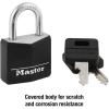 Master Lock Black Outdoor Key Lock, Standard Weather Resistant Padlock with Cover, Keyed Alike Padlocks for Lockers, Fences, Sheds, or Other Equipment, 4 Pack, 131Q(1 Pack)