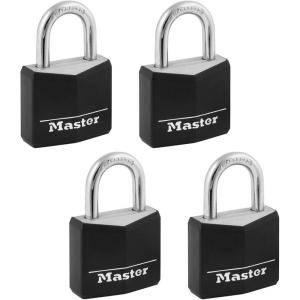 Master Lock Black Outdoor Key Lock, Standard Weather Resistant Padlock with Cover, Keyed Alike Padlocks for Lockers, Fences, Sheds, or Other Equipment, 4 Pack, 131Q(4 count (Pack of 1))