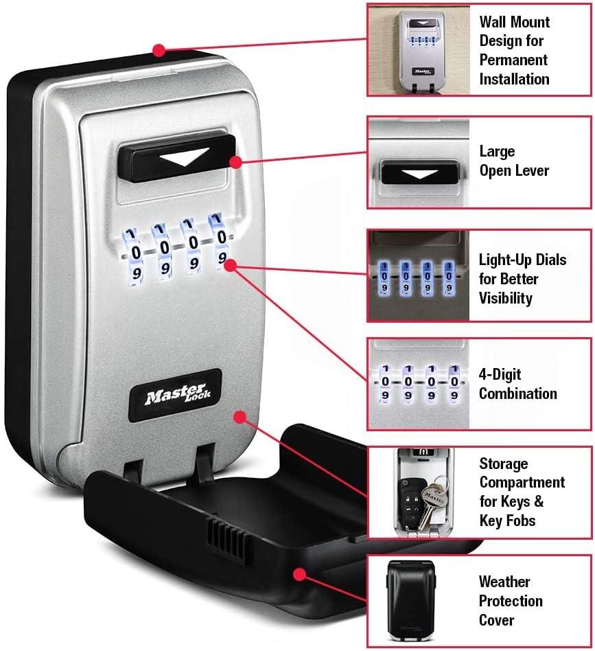 imageMaster Lock 5425D Set Your Own Combination Wall Mount Lock Box with Light Up Dials 6 Key Capacity Black