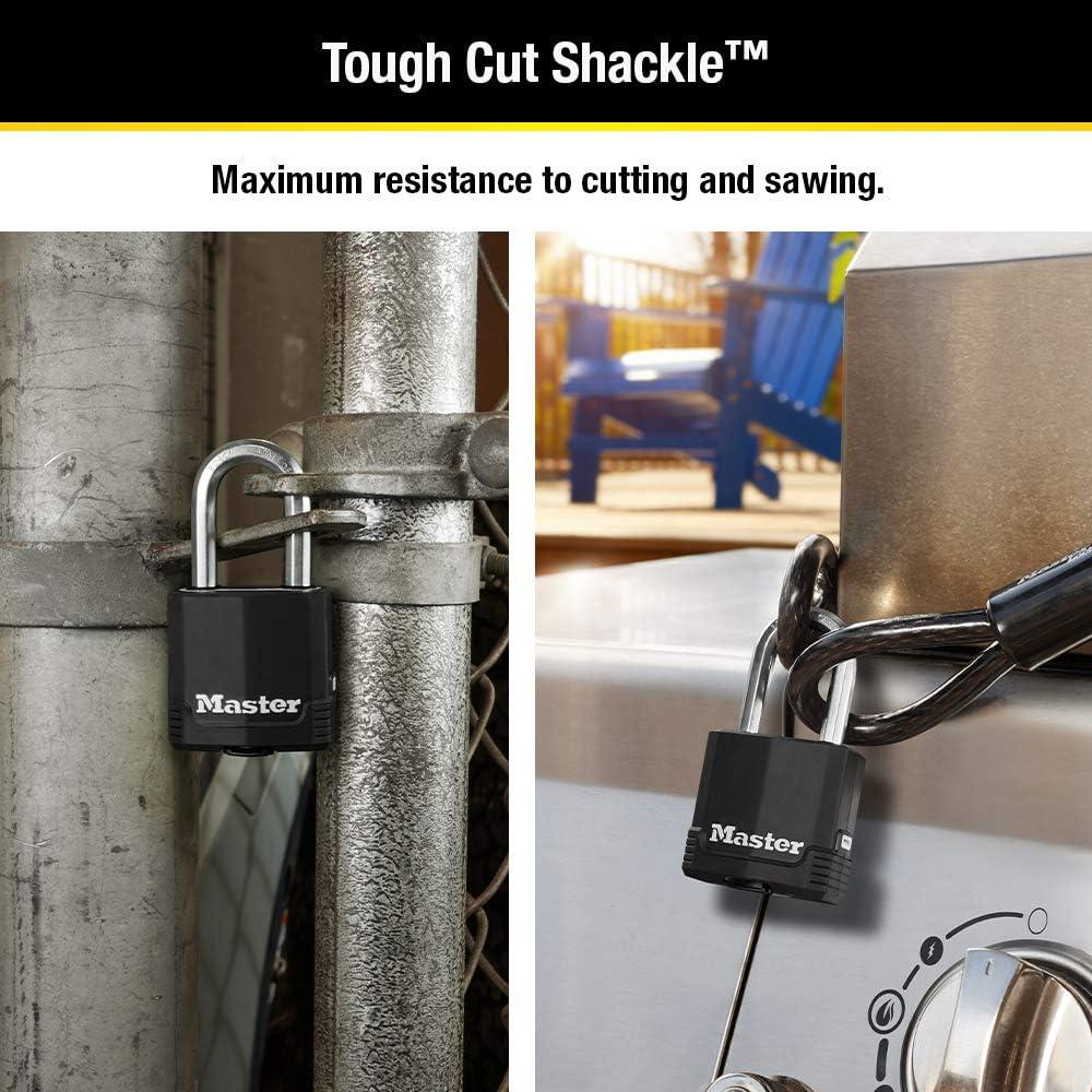 imageMaster Lock Black Magnum KeyedAlike Padlocks with AllWeather Cover Outdoor Lock for Fence or Gate with a 178 Inch Lock Body and 112 Inch Shackle 3Pack2 Pack