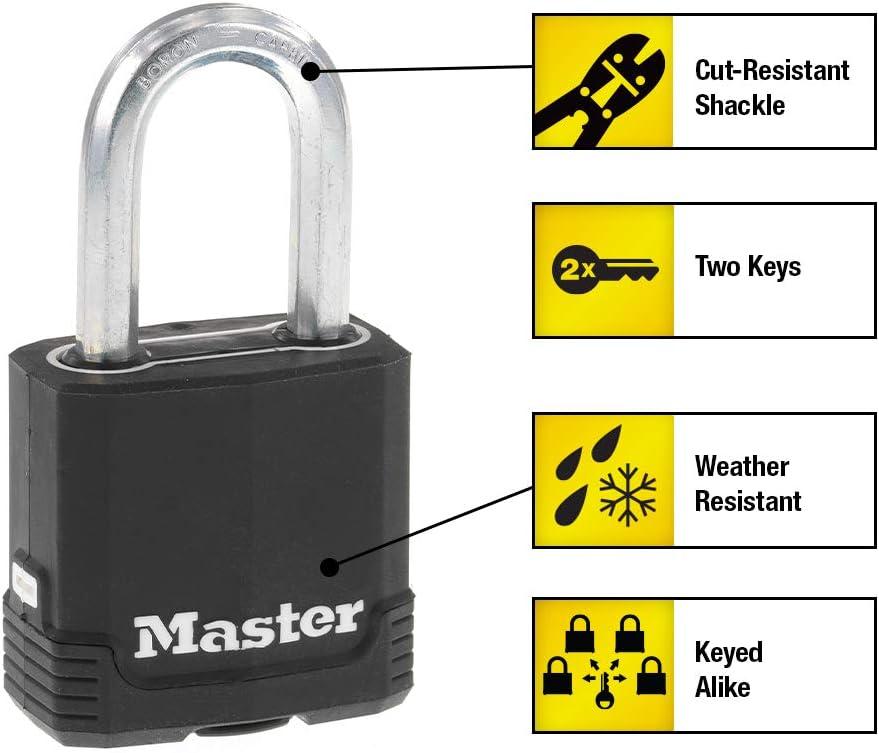 imageMaster Lock Black Magnum KeyedAlike Padlocks with AllWeather Cover Outdoor Lock for Fence or Gate with a 178 Inch Lock Body and 112 Inch Shackle 3Pack4 Count Pack of 1