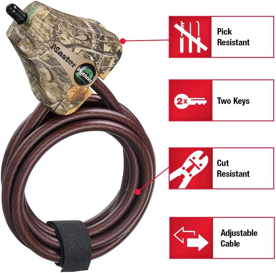 imageMaster Lock Black Python Bike Lock with Key Adjustable Metal Cable Lock has a Weather Resistant Vinyl Coating for Outdoor Equipment Bicycles Trail Cameras 6 Feet Long 8418DCamo