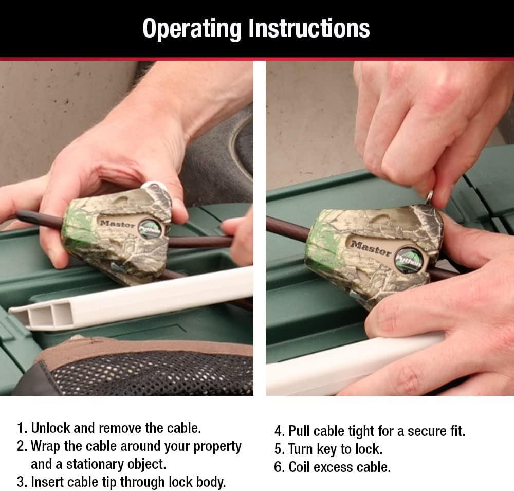 imageMaster Lock Black Python Bike Lock with Key Adjustable Metal Cable Lock has a Weather Resistant Vinyl Coating for Outdoor Equipment Bicycles Trail Cameras 6 Feet Long 8418DCamo