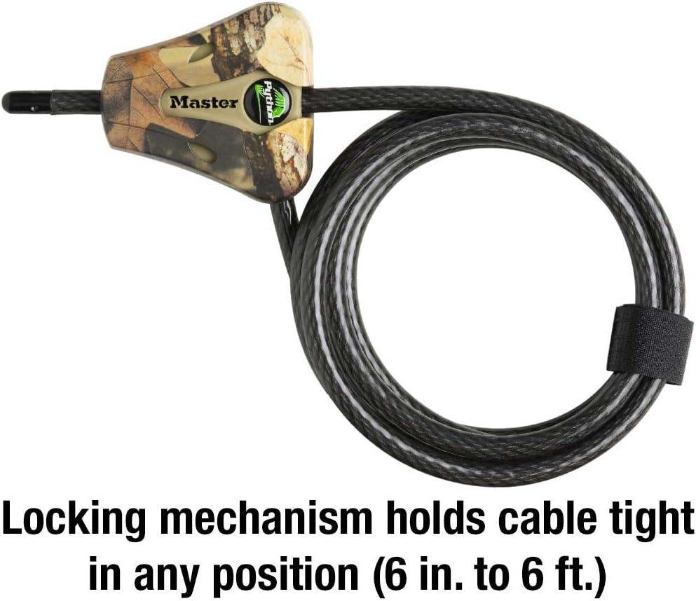 imageMaster Lock Black Python Bike Lock with Key Adjustable Metal Cable Lock has a Weather Resistant Vinyl Coating for Outdoor Equipment Bicycles Trail Cameras 6 Feet Long 8418DCamo