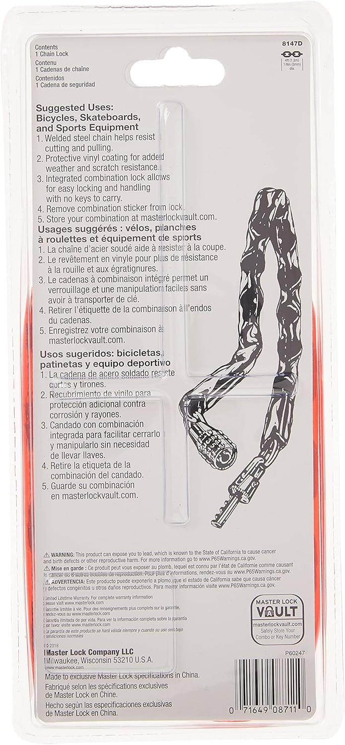 imageMaster Lock Chain Lock Standard Combination Bike Lock 4 ft Long Red 8147D