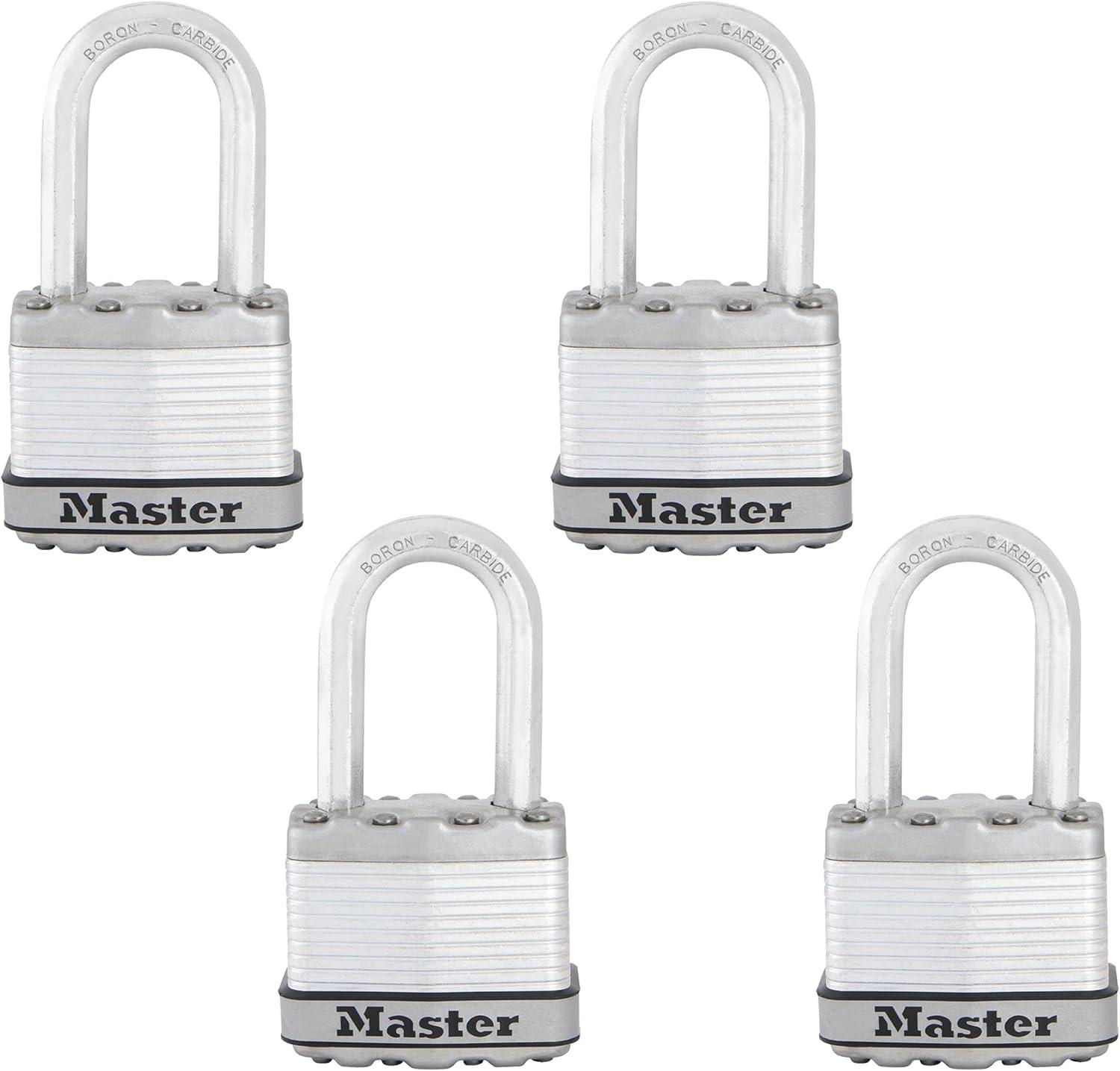 imageMaster Lock Silver Magnum Outdoor Padlock with Key Keyed Alike Gate Locks for Outdoor Fence or Shed with Long Shackle 4 Pack M1XQLFCCSENPadlock