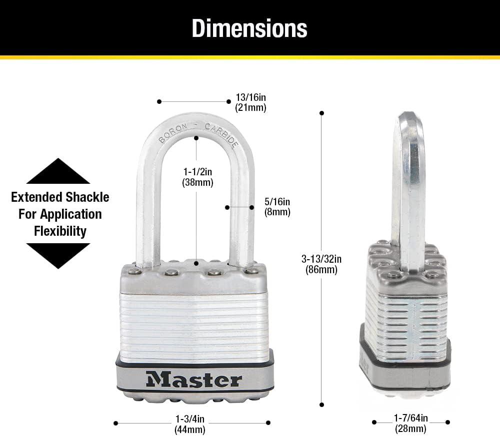 imageMaster Lock Silver Magnum Outdoor Padlock with Key Keyed Alike Gate Locks for Outdoor Fence or Shed with Long Shackle 4 Pack M1XQLFCCSENPadlock