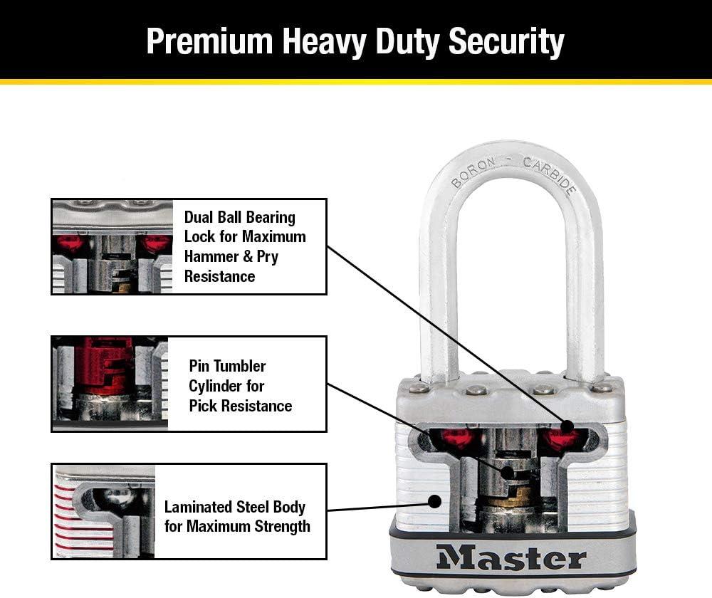 imageMaster Lock Silver Magnum Outdoor Padlock with Key Keyed Alike Gate Locks for Outdoor Fence or Shed with Long Shackle 4 Pack M1XQLFCCSENPadlock