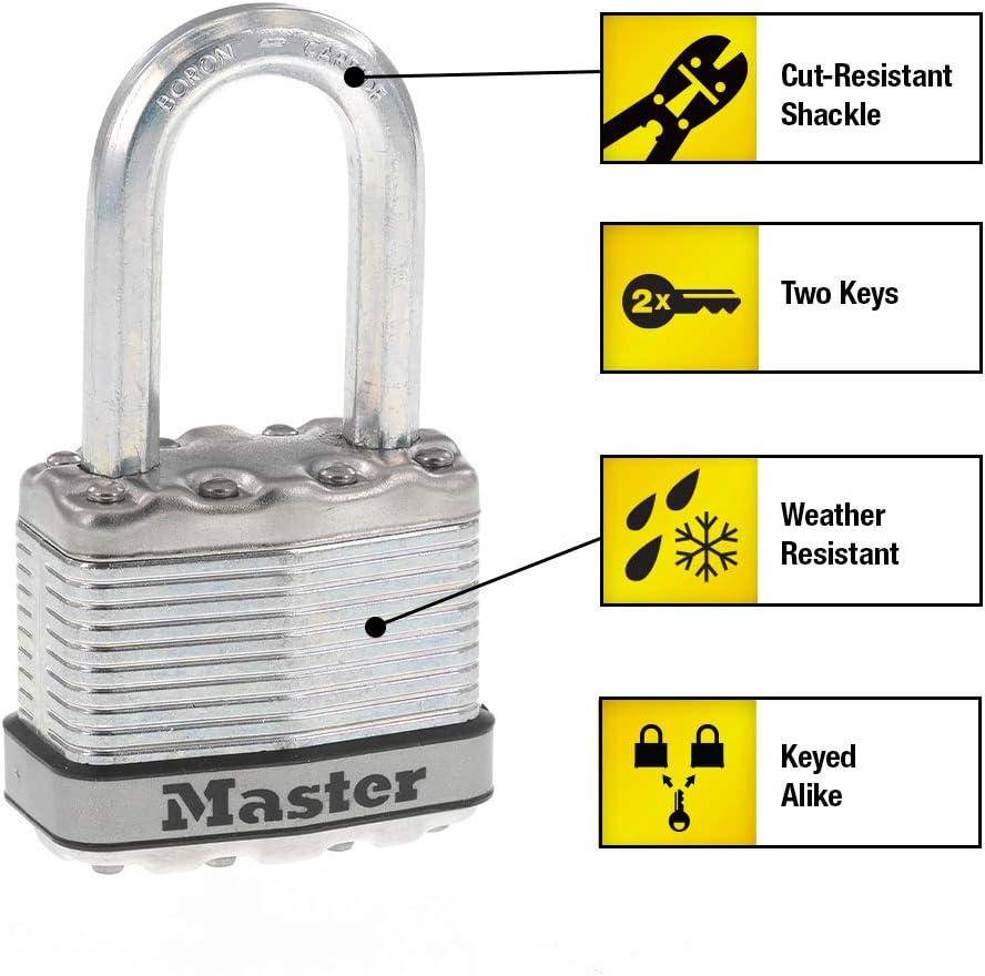imageMaster Lock Silver Magnum Outdoor Padlock with Key Keyed Alike Gate Locks for Outdoor Fence or Shed with Long Shackle 4 Pack M1XQLFCCSENPadlock