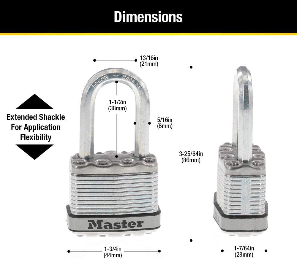 imageMaster Lock Silver Magnum Outdoor Padlock with Key Keyed Alike Gate Locks for Outdoor Fence or Shed with Long Shackle 4 Pack M1XQLFCCSENPadlock