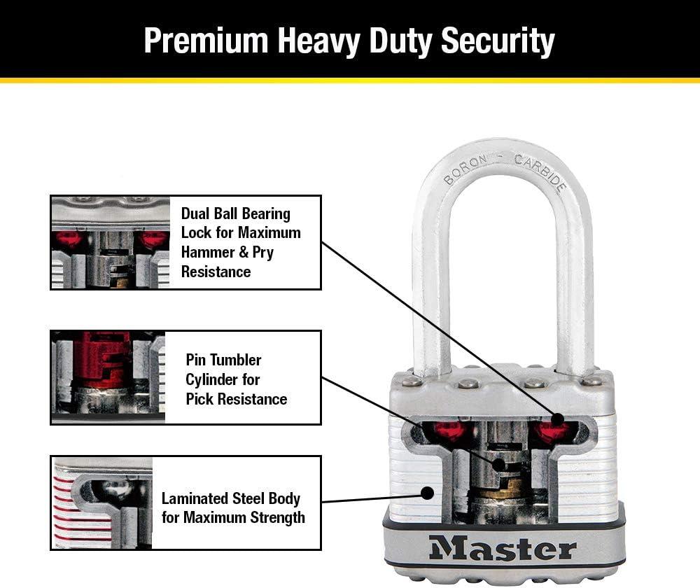 imageMaster Lock Silver Magnum Outdoor Padlock with Key Keyed Alike Gate Locks for Outdoor Fence or Shed with Long Shackle 4 Pack M1XQLFCCSENPadlock