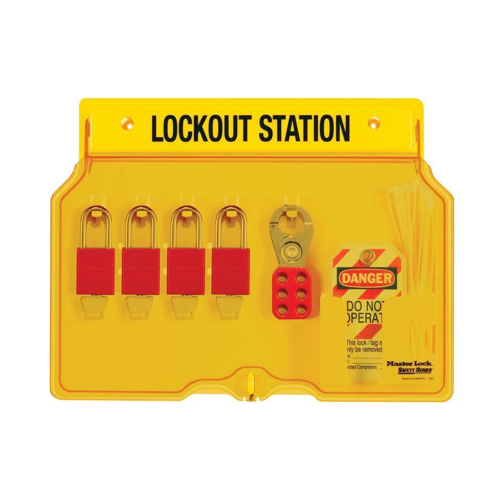 imageMaster Lock 1482B Lockout Tagout Padlock Station  YellowIncludes 4 Aluminum Padlocks