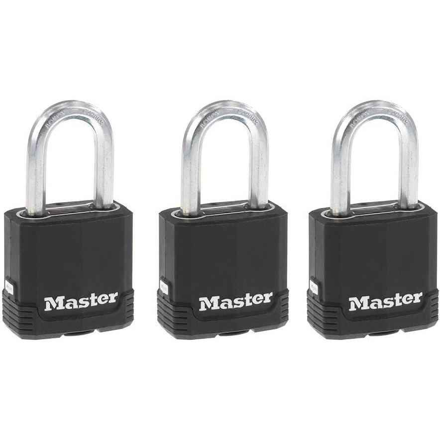 imageMaster Lock Black Magnum KeyedAlike Padlocks with AllWeather Cover Outdoor Lock for Fence or Gate with a 178 Inch Lock Body and 112 Inch Shackle 3Pack3 Pack