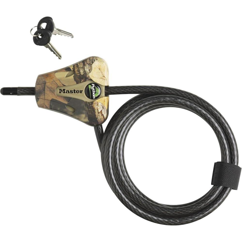 imageMaster Lock Black Python Bike Lock with Key Adjustable Metal Cable Lock has a Weather Resistant Vinyl Coating for Outdoor Equipment Bicycles Trail Cameras 6 Feet Long 8418DCamo