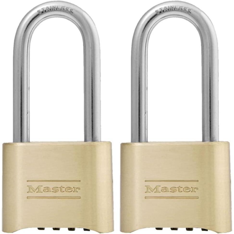 imageMaster Lock Brass Combination Lock Gate Lock for Outdoor Fence or Shed Customizable Combination Padlock with Extended 214InchLong Shackle 2 Pack 175LHEC2